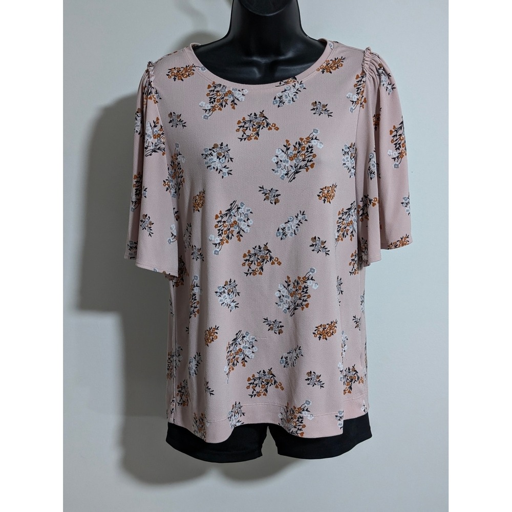 Worthington Floral Blouse Flutter Sleeve Top Lightweight Pink Small